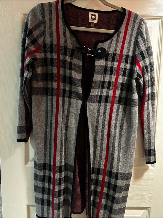 Anne Klein Tops - Anne Klein Gray Plaid Open-Front Coatigan with Red Stripes